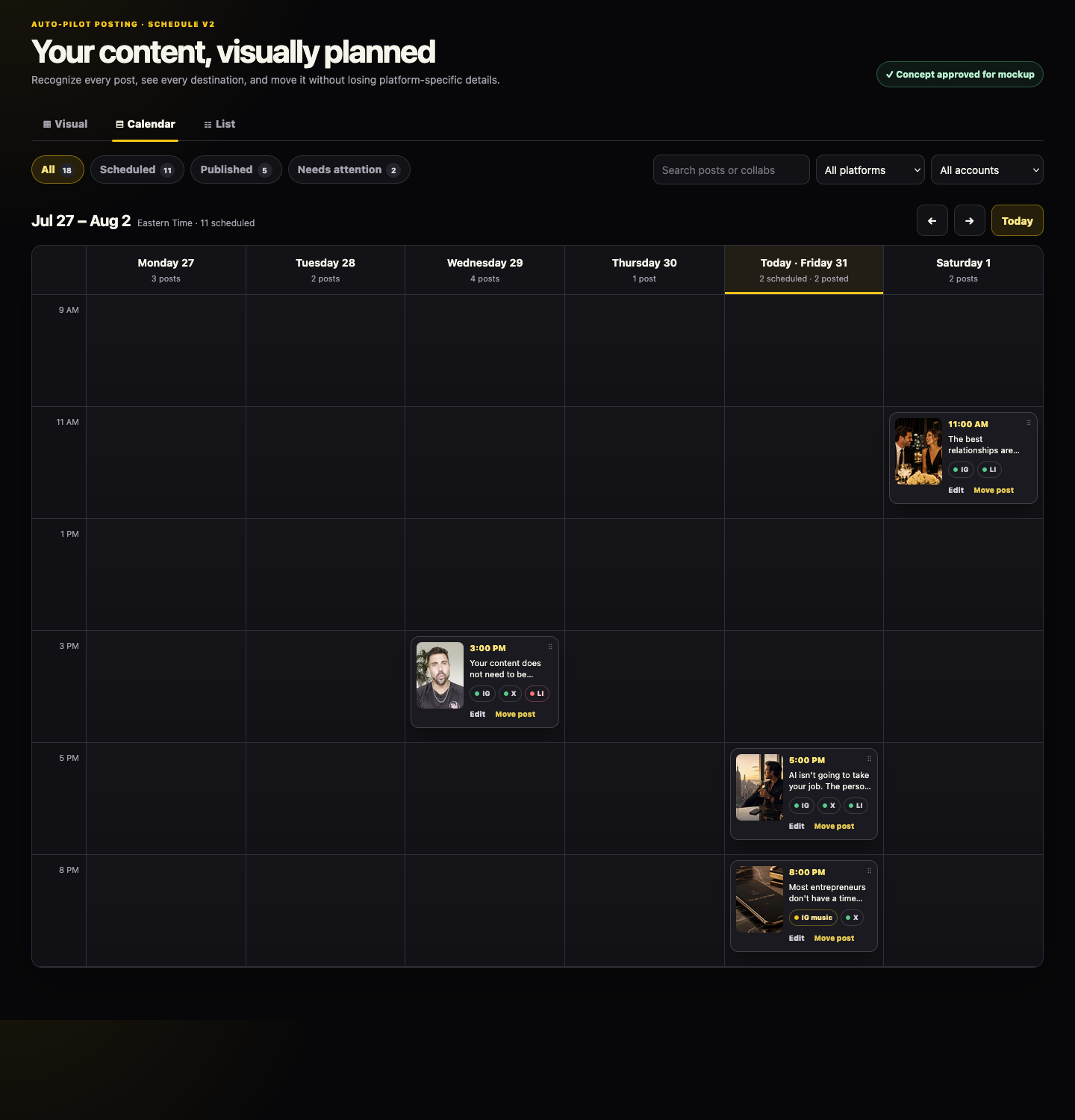 1BB Content Schedule desktop view with a visual calendar and scheduled posts
