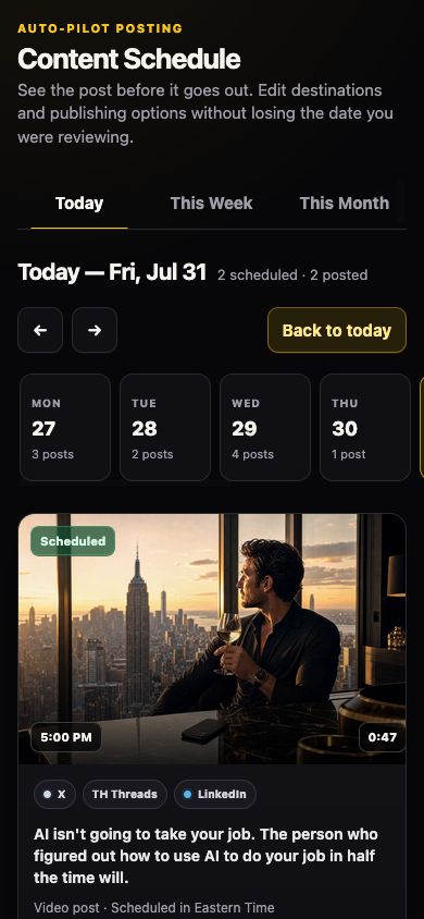 1BB Content Schedule on a phone, showing scheduled posts by day